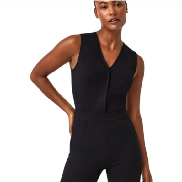 SPANX Perfect Sleeveless Jumpsuit Classic Black Ponte Flare Leg V-neck Slimming - Picture 5 of 16